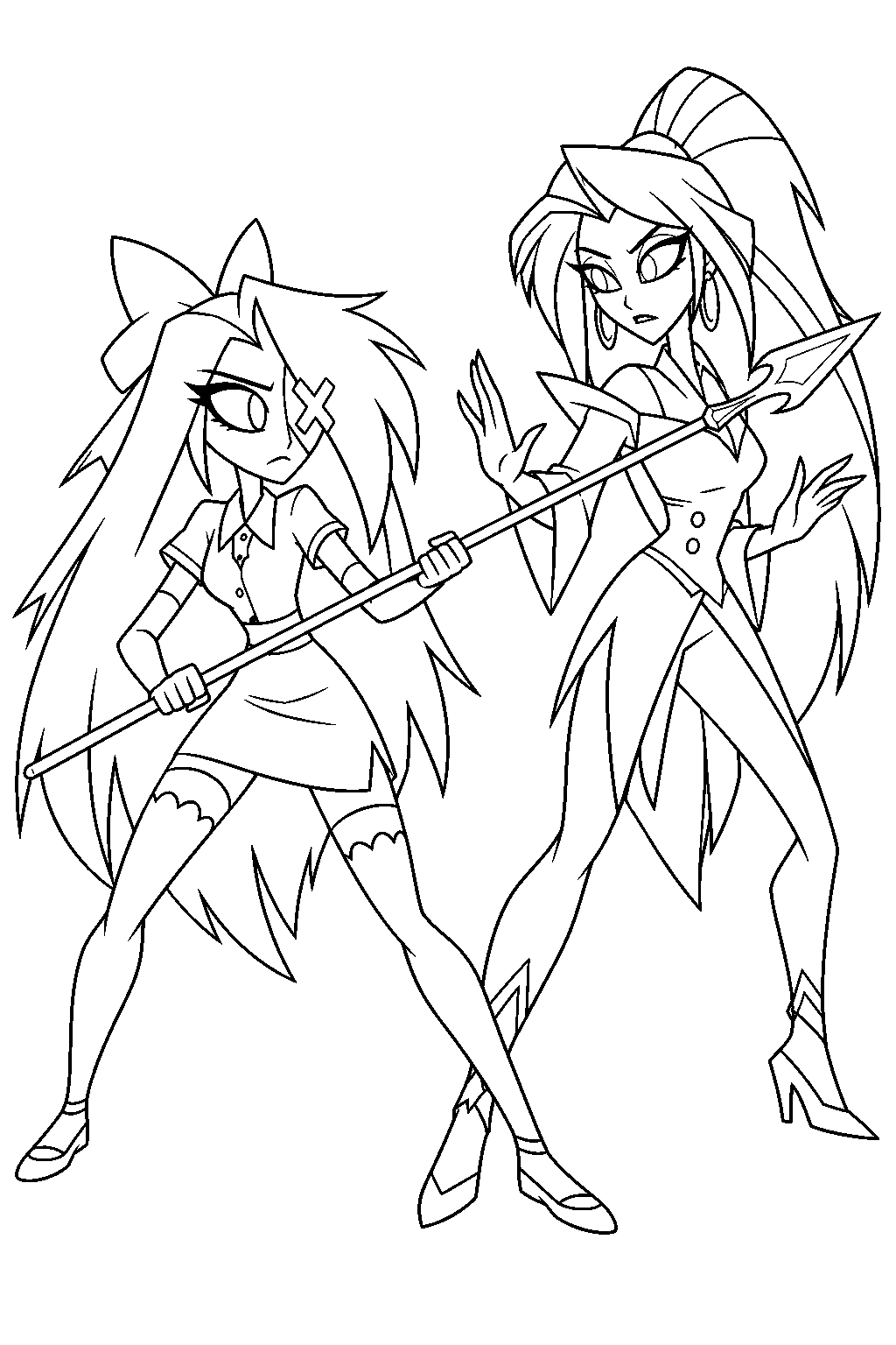 hazbin hotel vaggie practicing spear defense with carmilla carmine during out for love line art