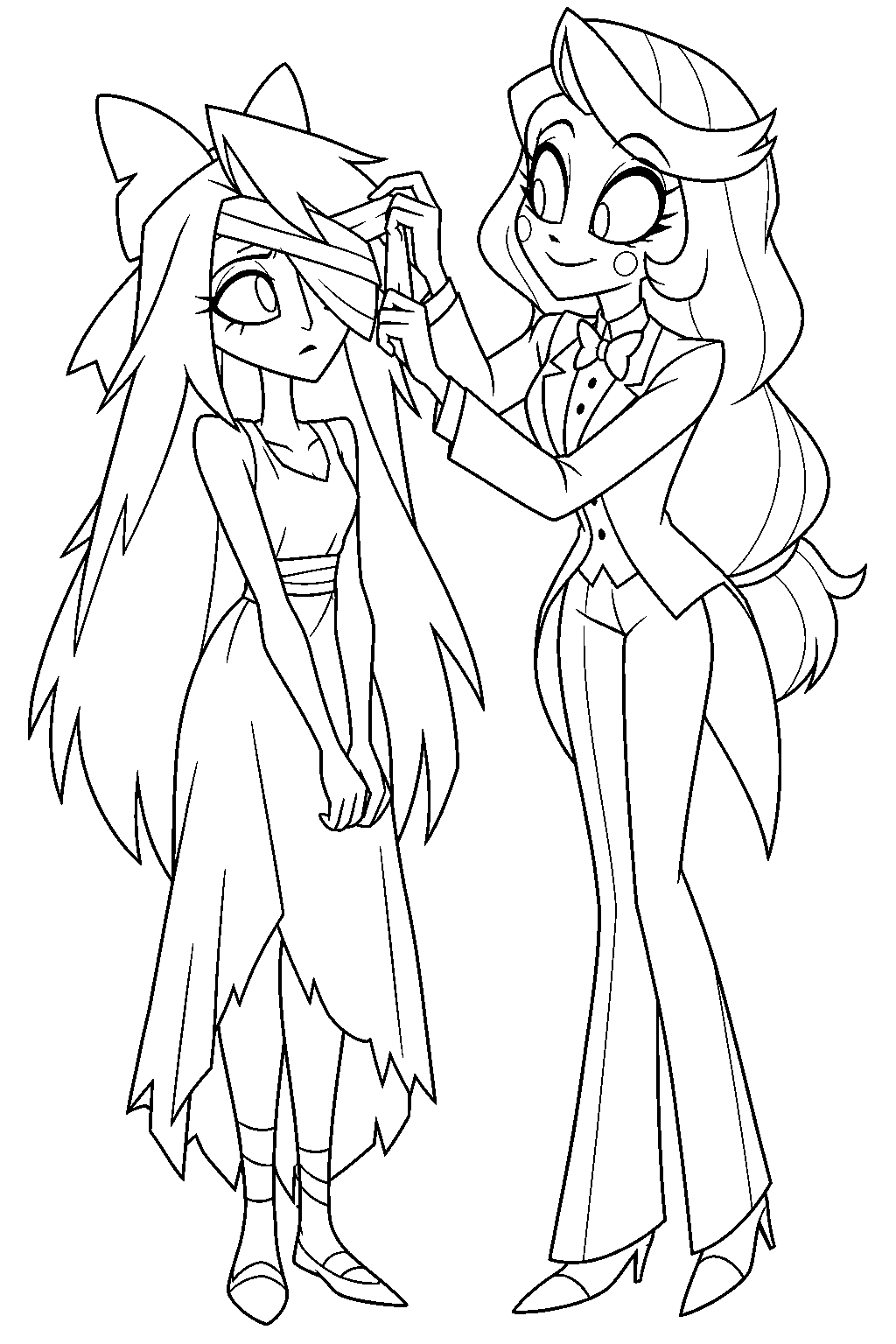 hazbin hotel vaggie receiving an eye bandage from charlie morningstar when they first meet line art