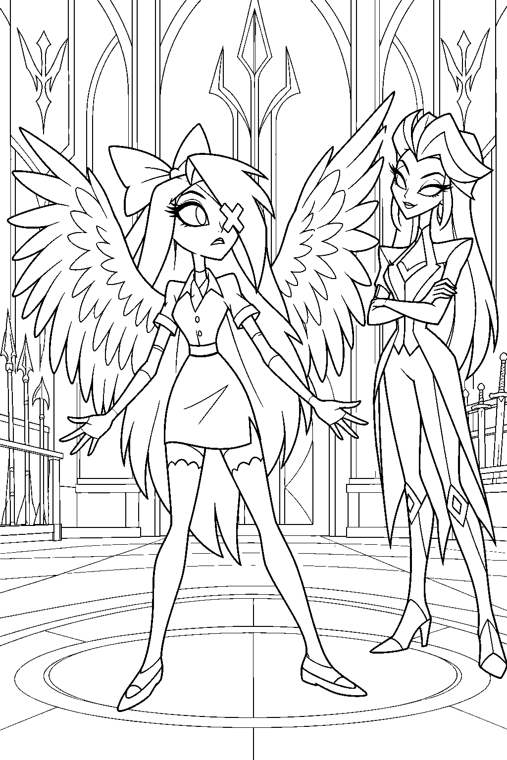hazbin hotel vaggie regaining her angel wings during carmilla carmine s training line art