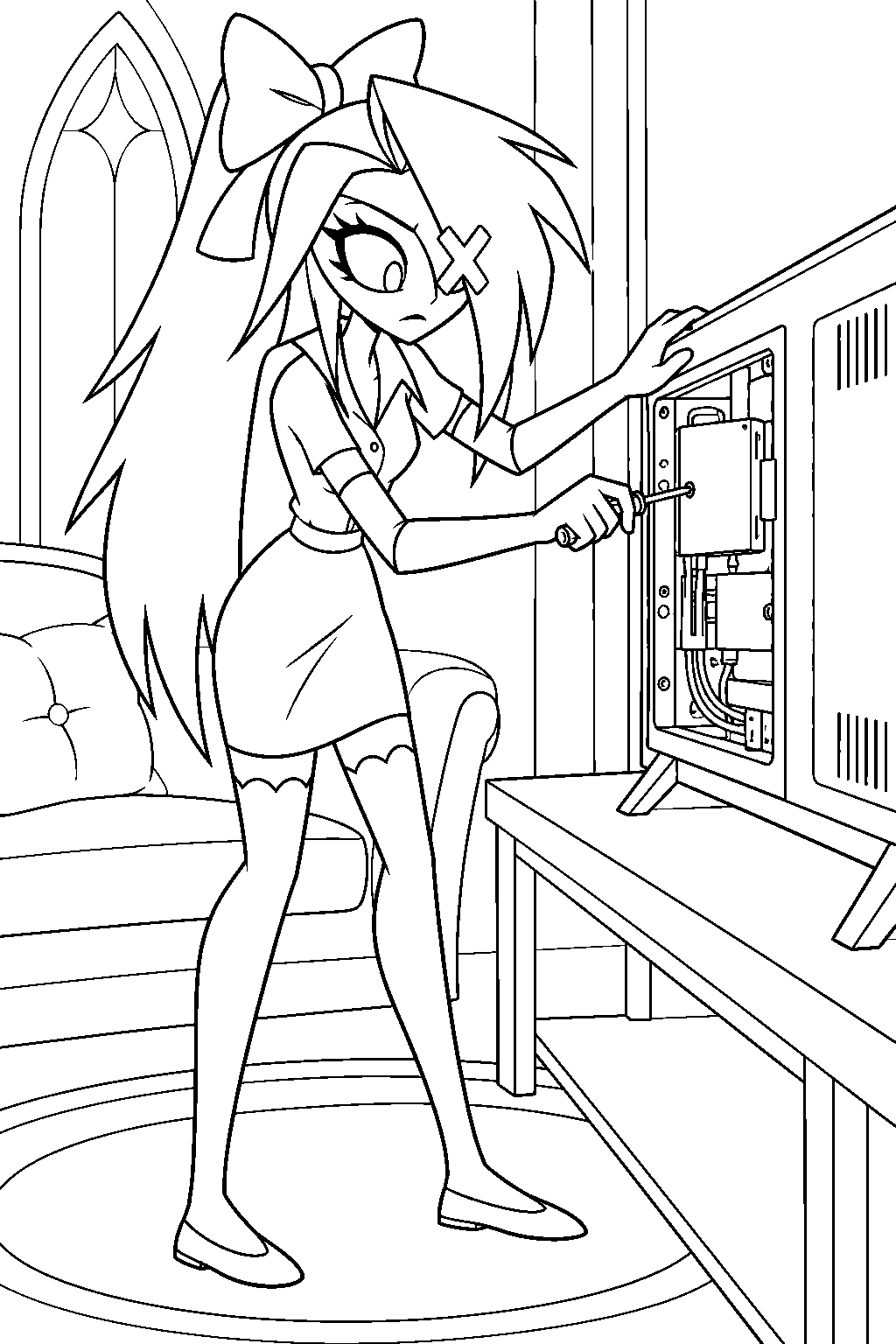hazbin hotel vaggie repairing the television in the hotel lounge line art