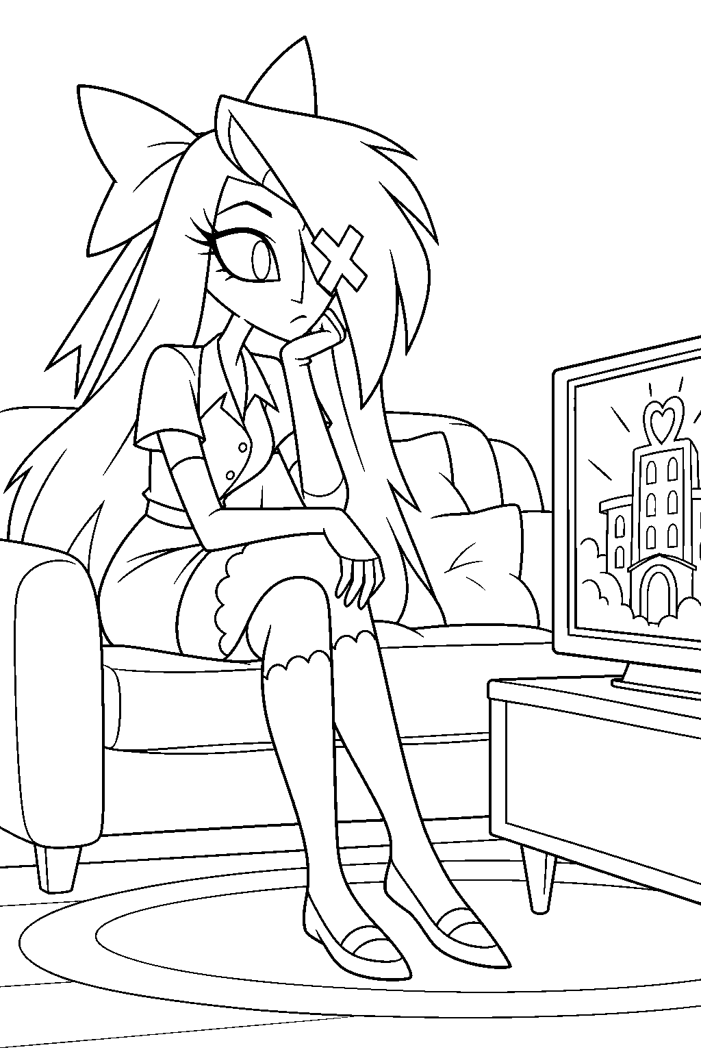 hazbin hotel vaggie reviewing the hotel commercial on the lounge television line art