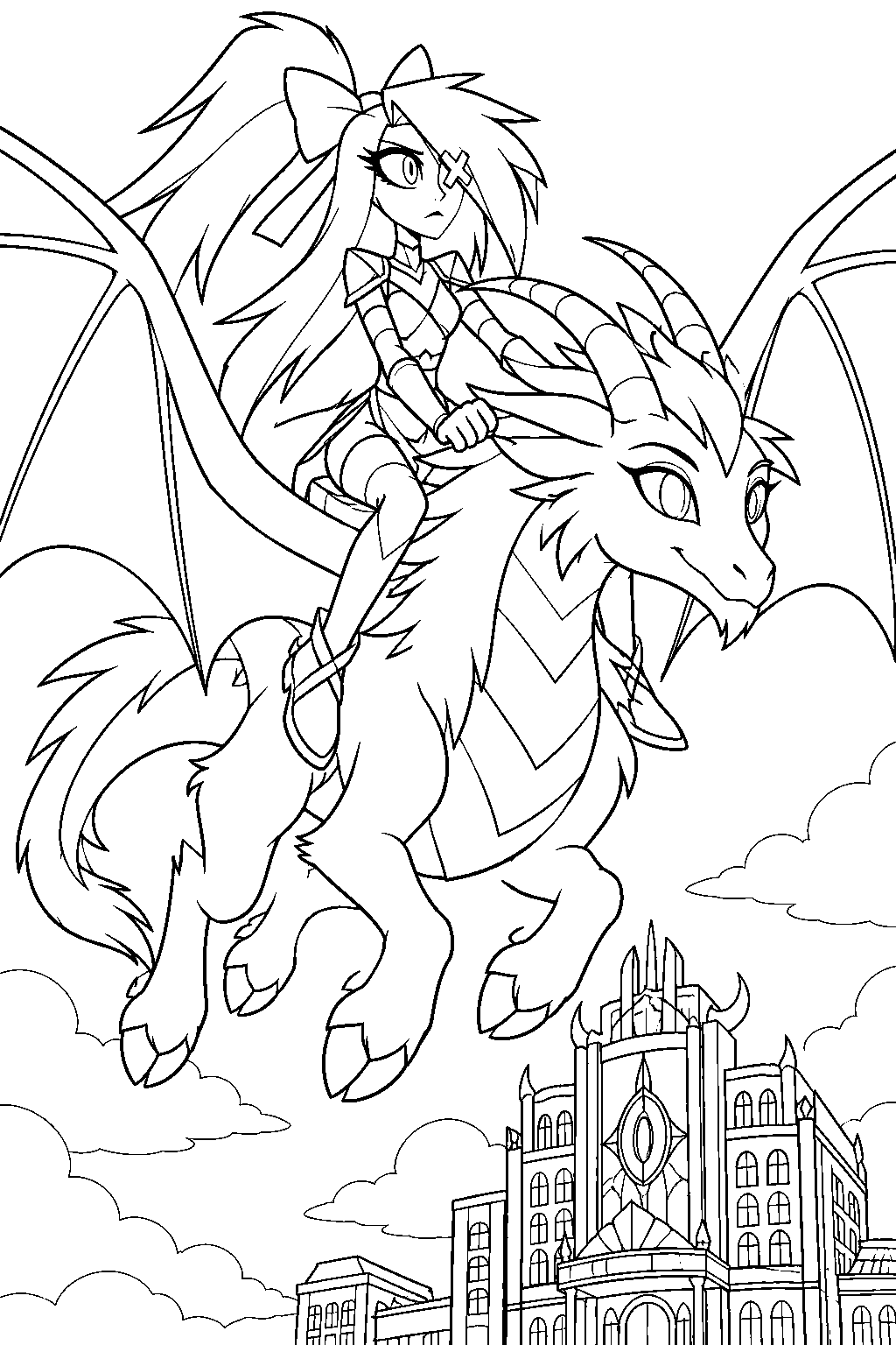hazbin hotel vaggie riding dazzle in dragon form above the hotel line art