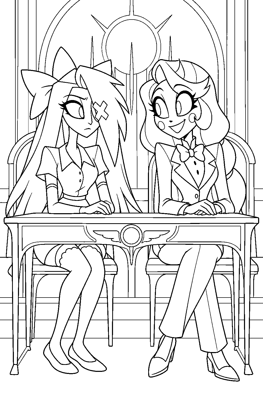 hazbin hotel vaggie sitting beside charlie morningstar in heaven s courtroom line art