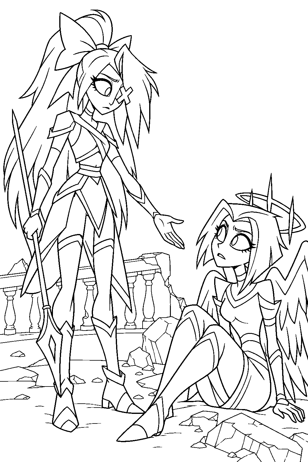 hazbin hotel vaggie sparing lute beside the fallen hotel balcony line art