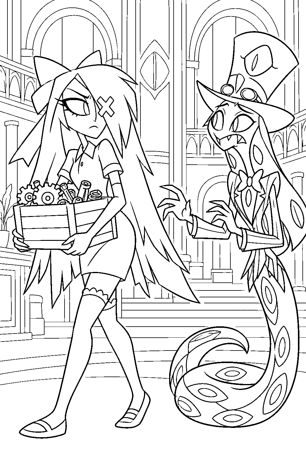 hazbin hotel vaggie taking away sir pentious s crate of machine parts in the lobby line art
