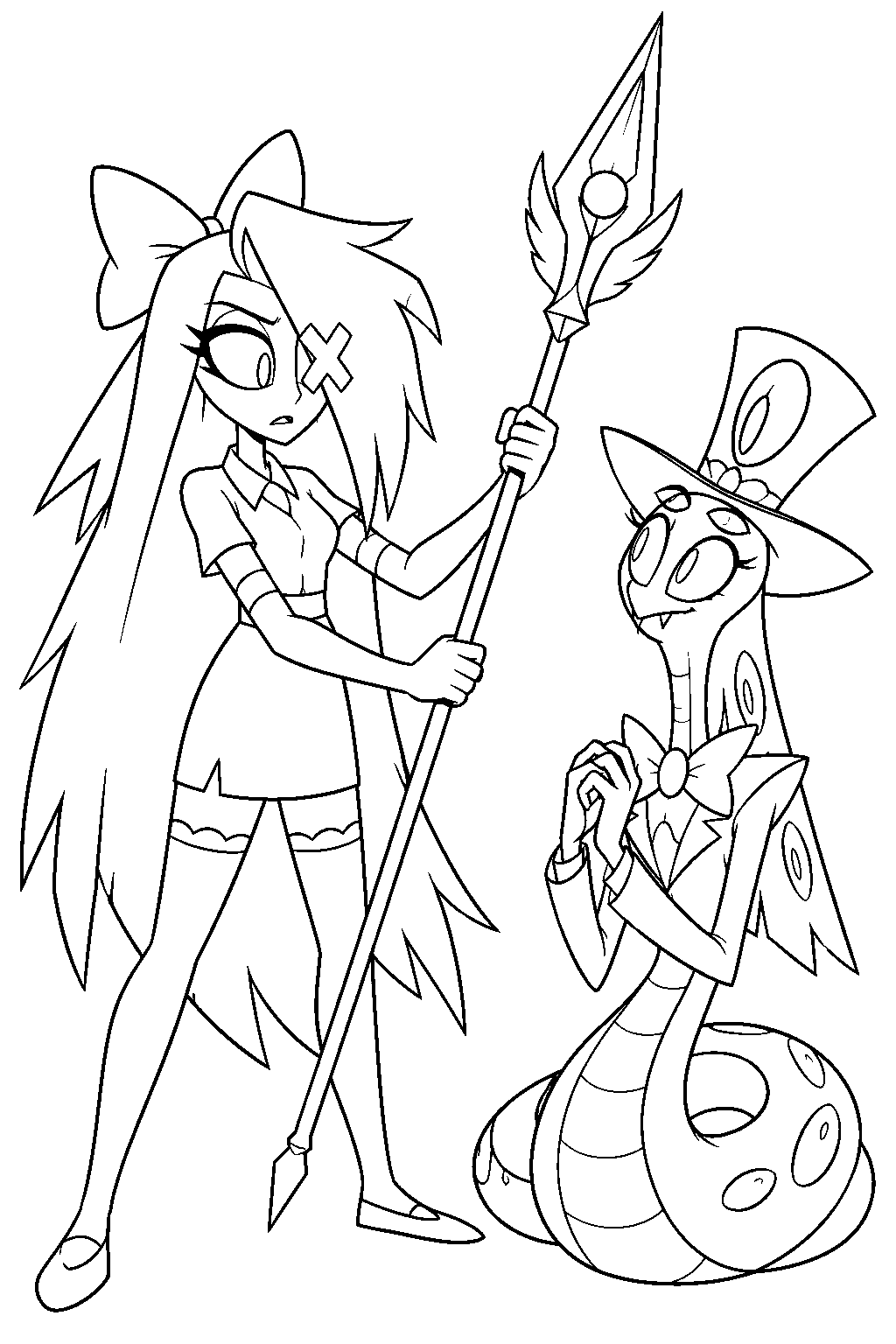 hazbin hotel vaggie teaching sir pentious how to hold an angelic spear line art