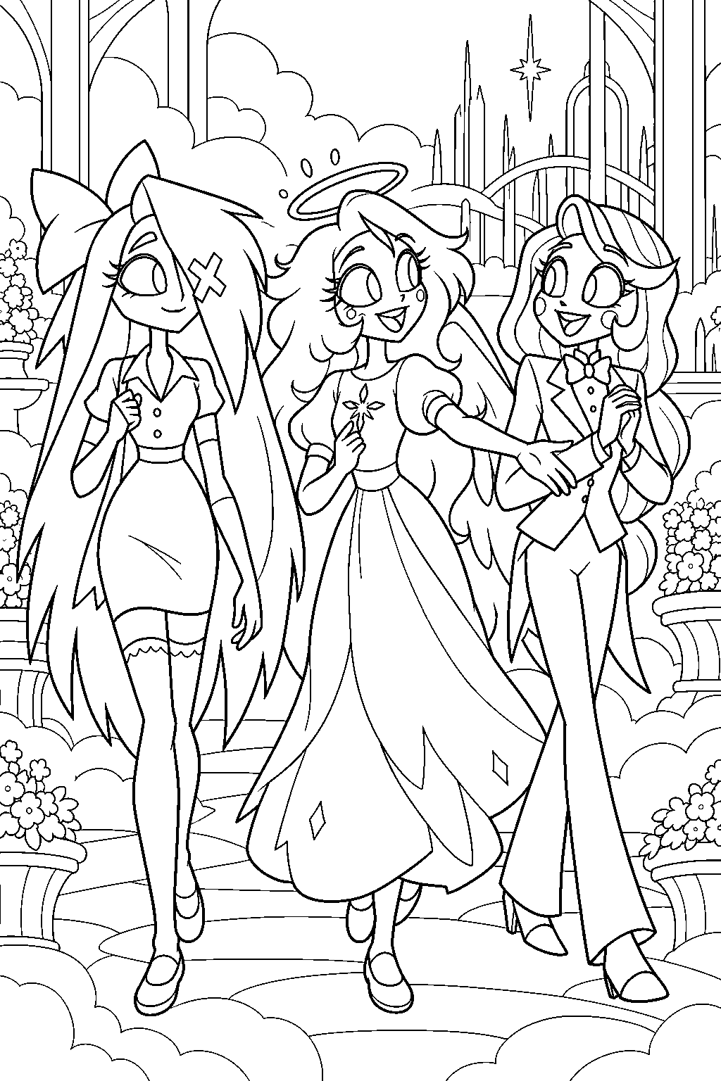 hazbin hotel vaggie touring heaven with emily and charlie morningstar line art