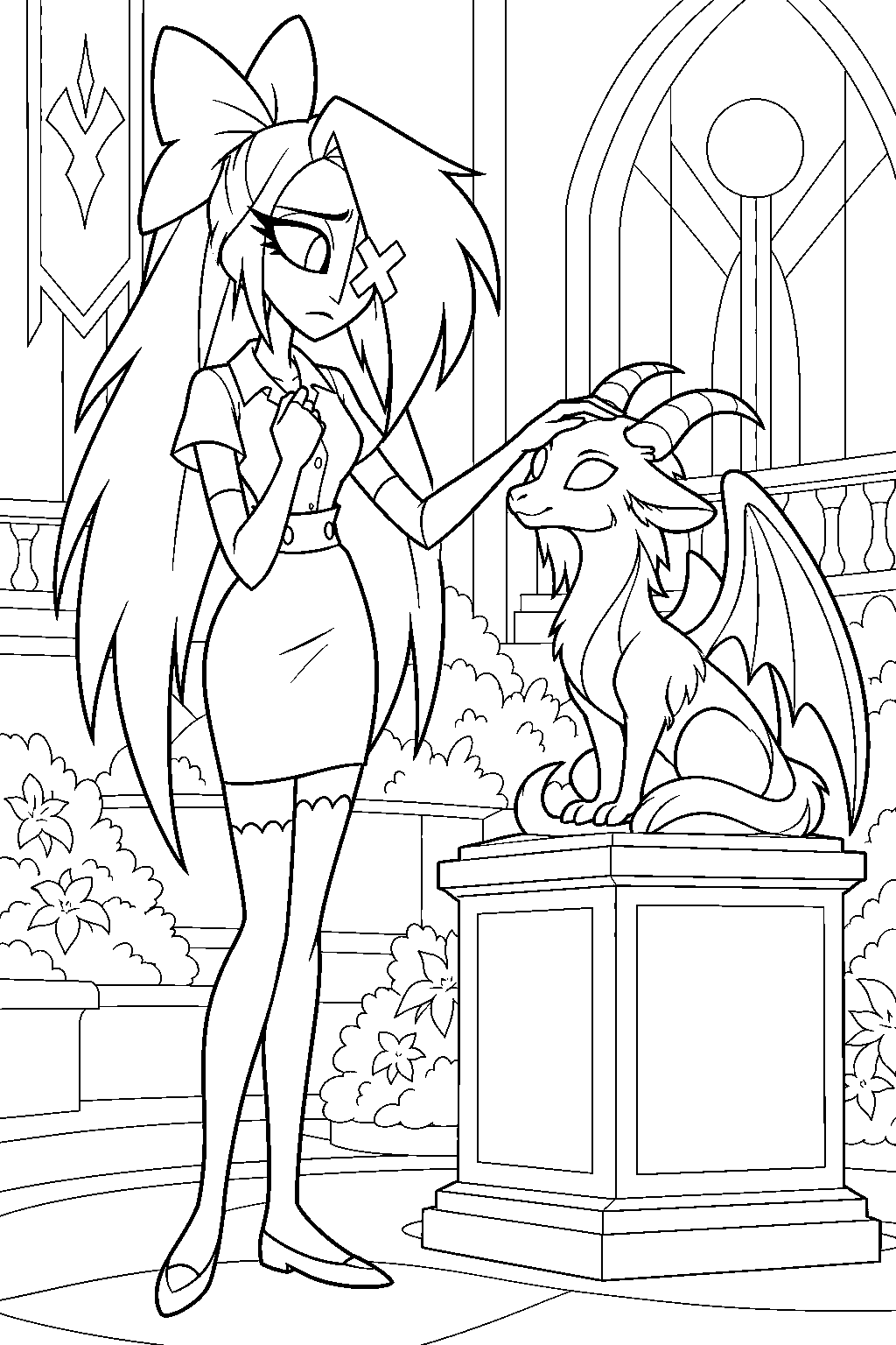hazbin hotel vaggie visiting dazzle s memorial statue at the rebuilt hotel line art