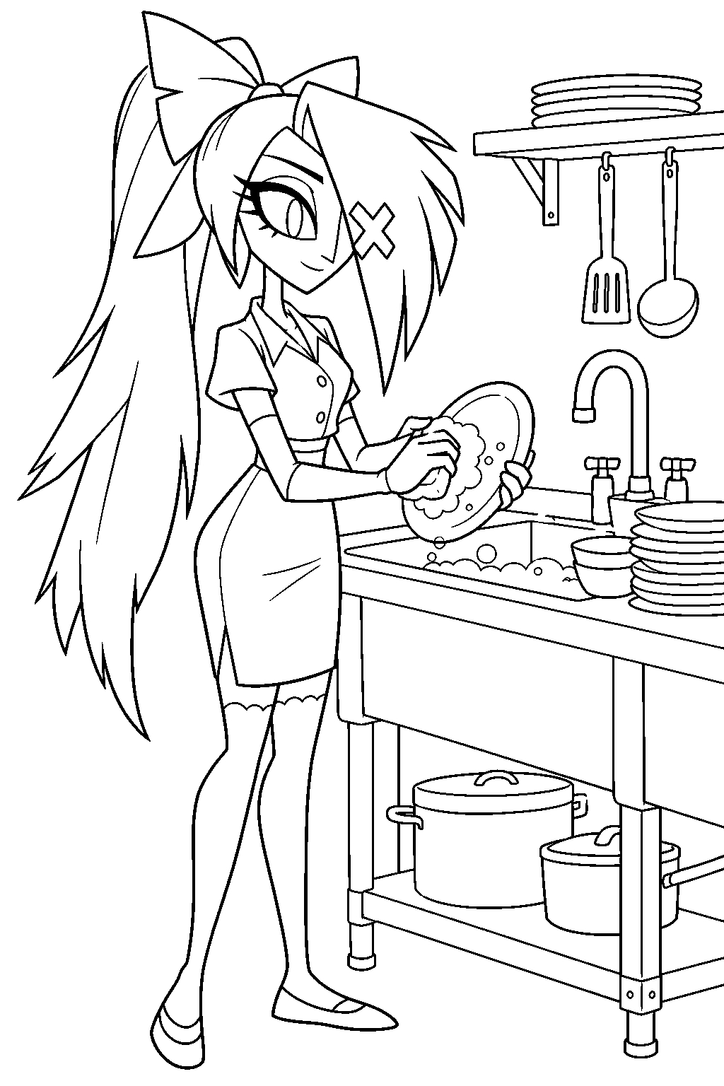 hazbin hotel vaggie washing dishes in the hotel kitchen line art