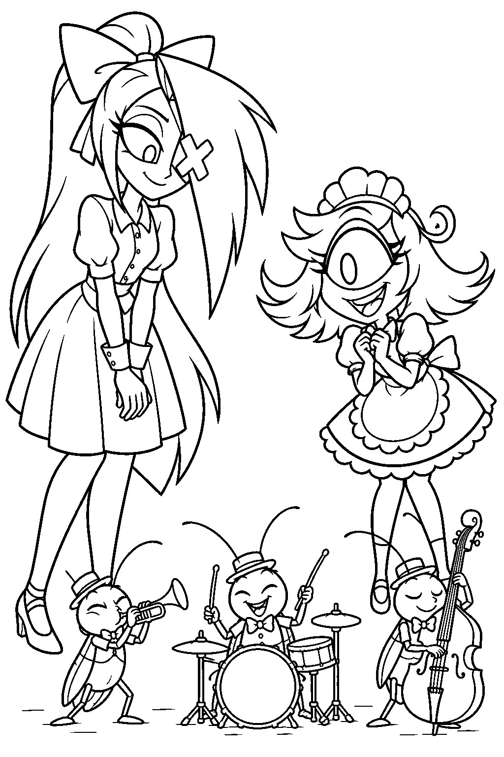 hazbin hotel vaggie watching niffty s tiny cockroach jazz band line art
