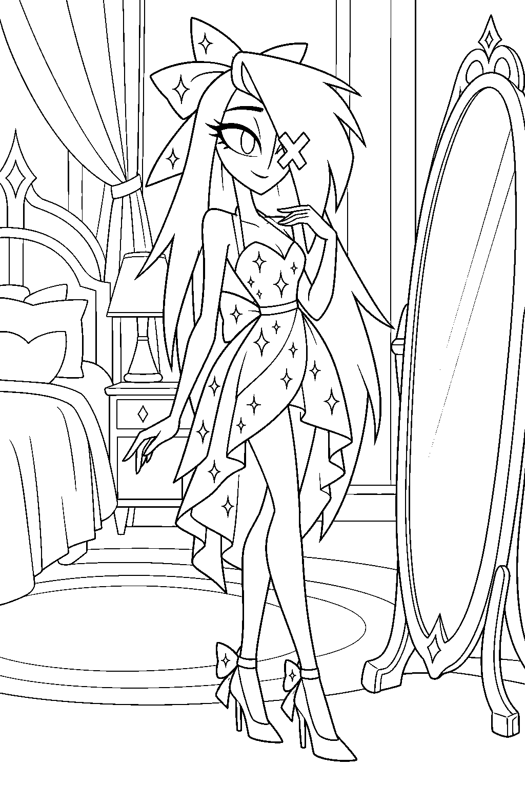 hazbin hotel vaggie wearing her sparkle dress and matching bow in the hotel bedroom line art