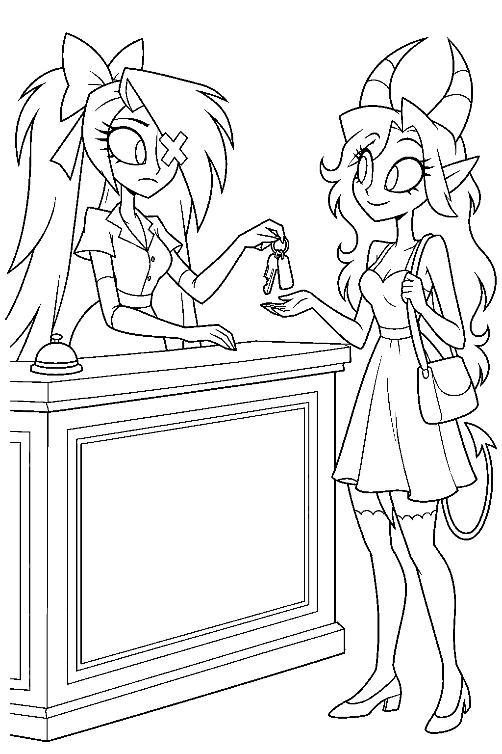 hazbin hotel vaggie welcoming a new guest at the hotel reception desk line art