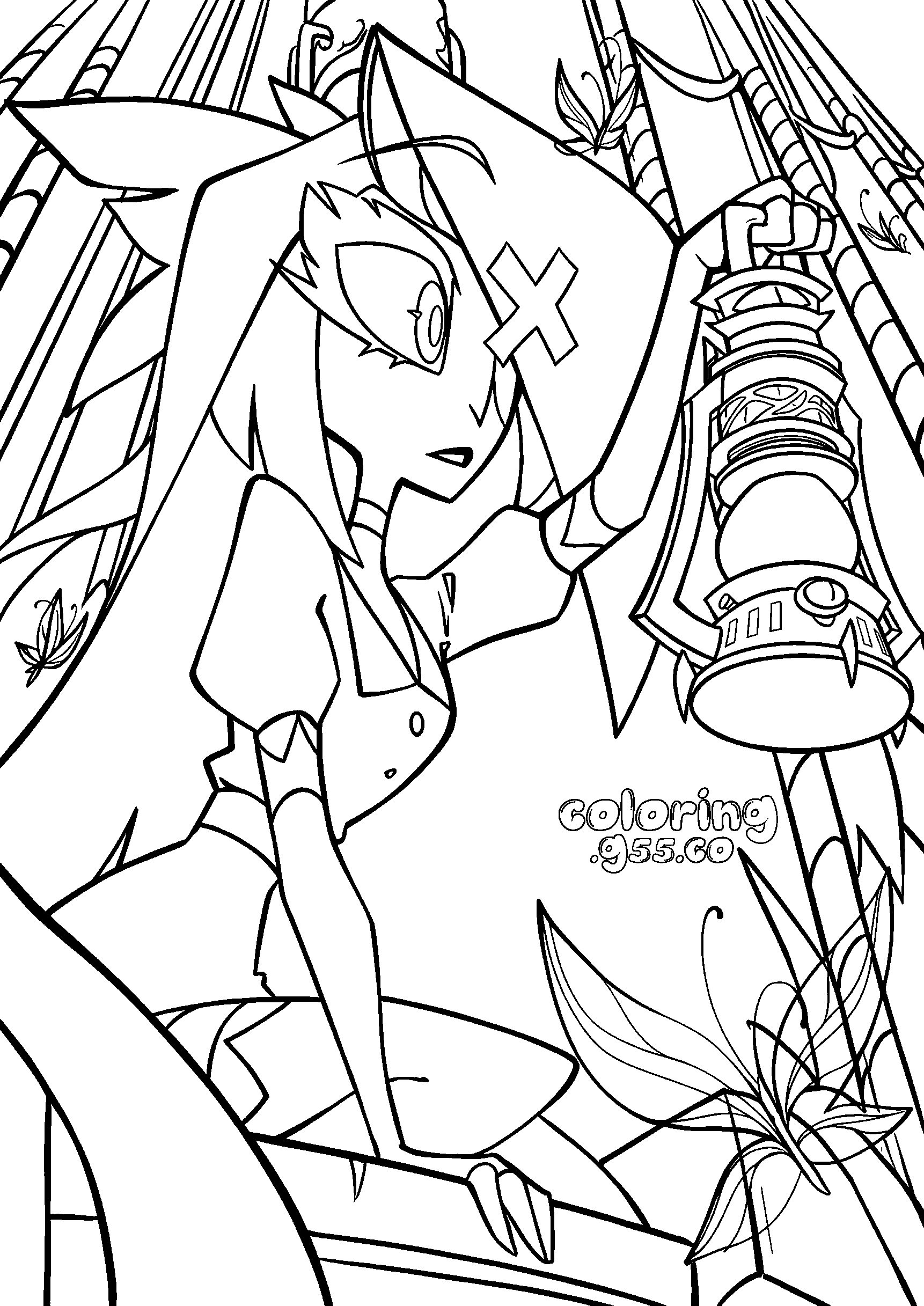 vaggie holding lantern in enchanted forest hazbin hotel line art for kids