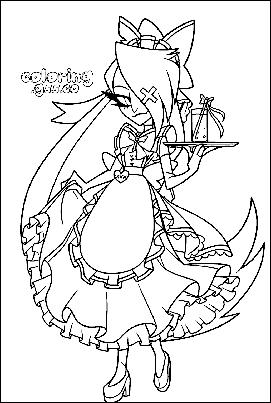 vaggie maid uniform holding tray hazbin hotel line art for kids