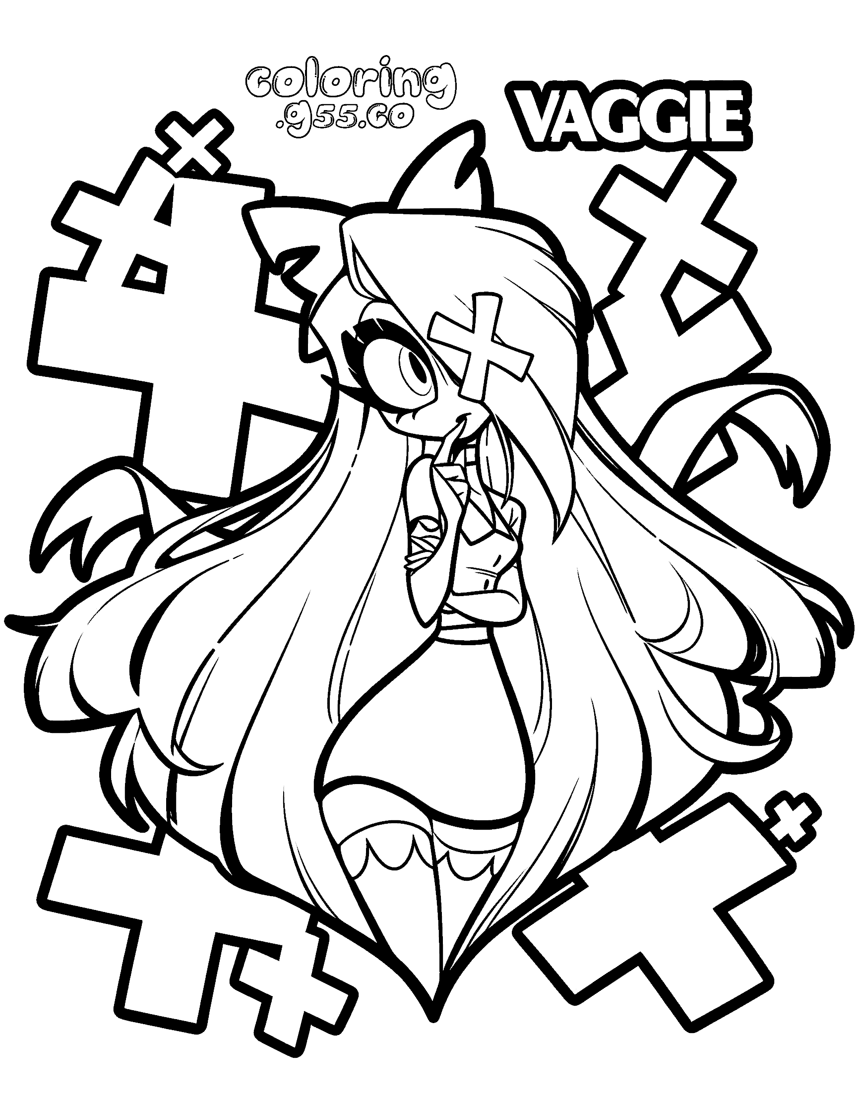 vaggie thinking pose with cross pattern background hazbin hotel line art for kids