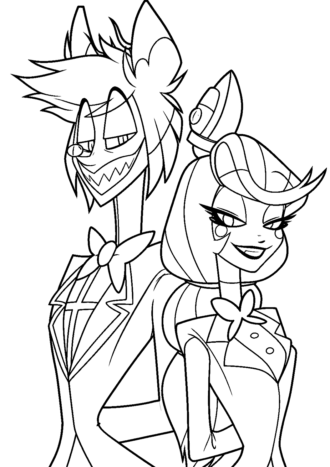 alastor and charlie back to back hazbin hotel line art for kids
