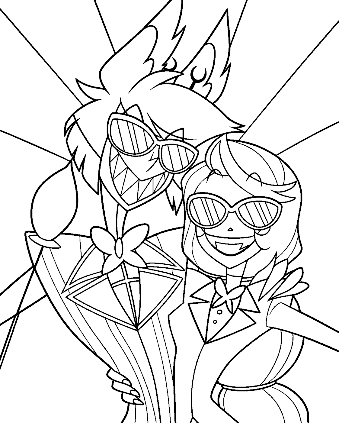 alastor and charlie in sunglasses hazbin hotel line art for kids