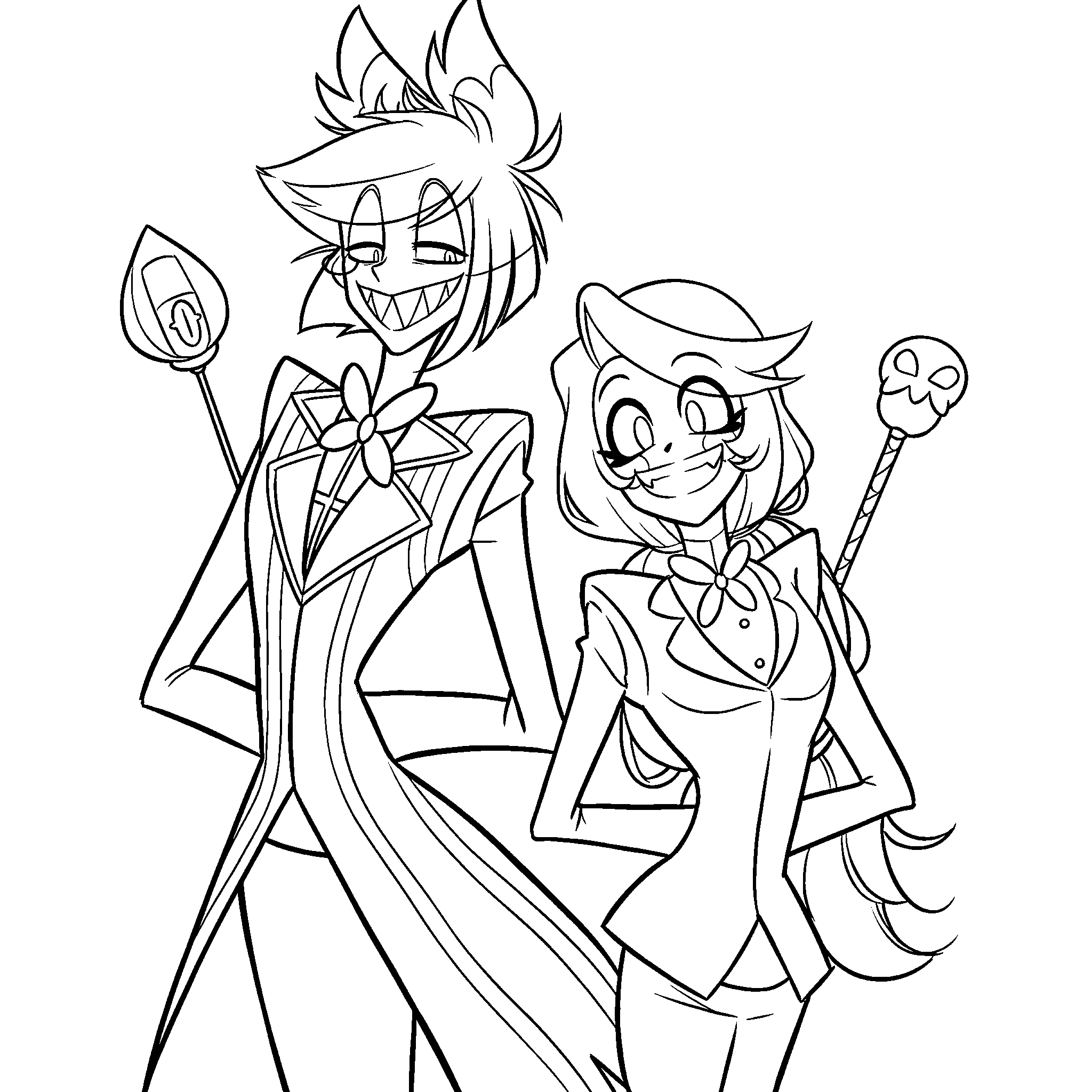 alastor and charlie with staffs hazbin hotel line art for kids