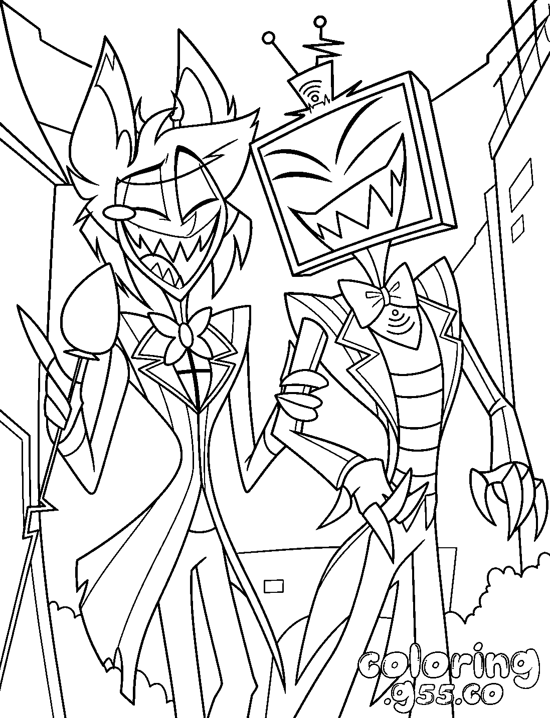 alastor and vox walking city streets laughing hazbin hotel line art for kids
