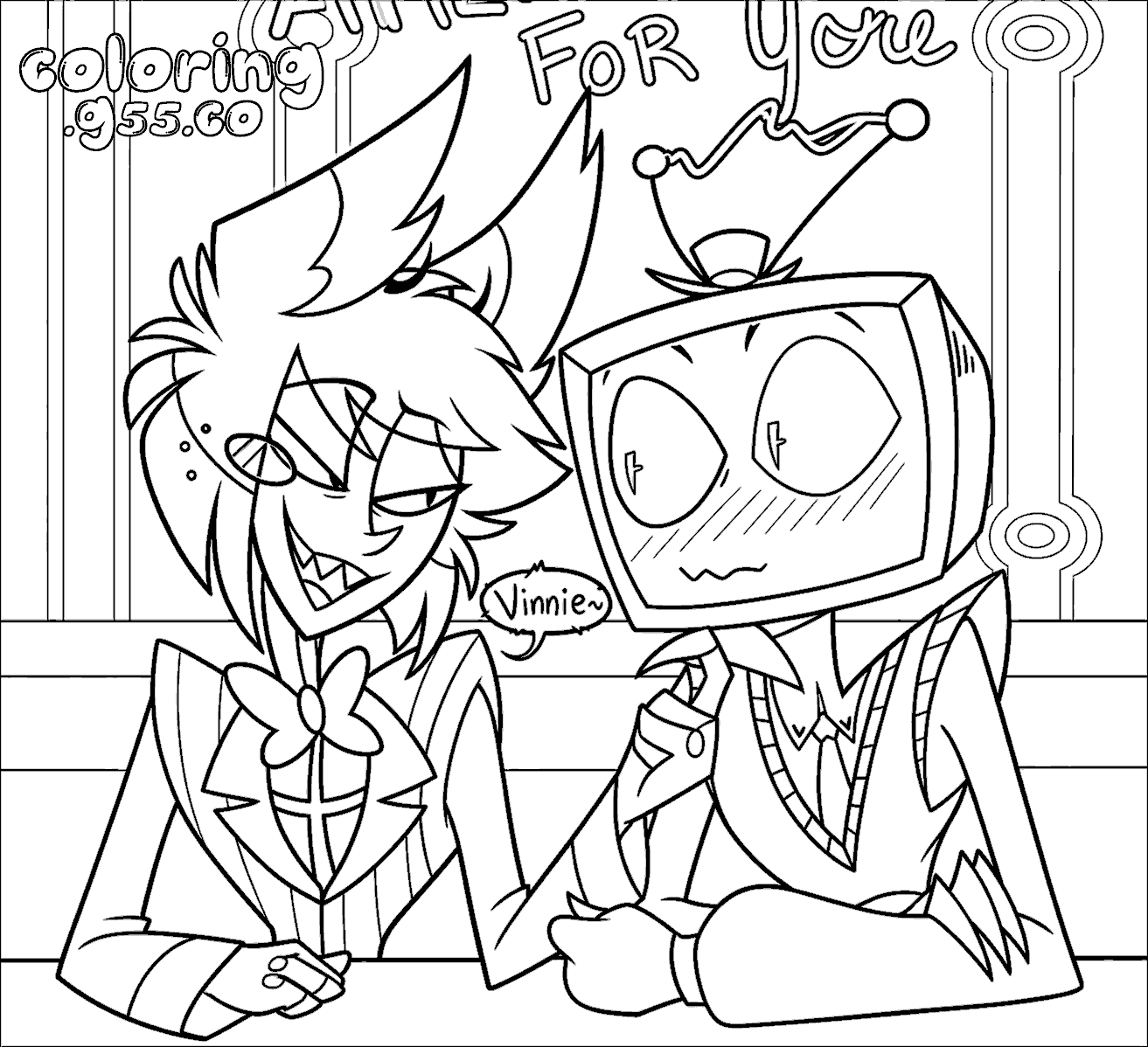 alastor flirting with blushing vox radiodemon hazbin hotel line art for kids