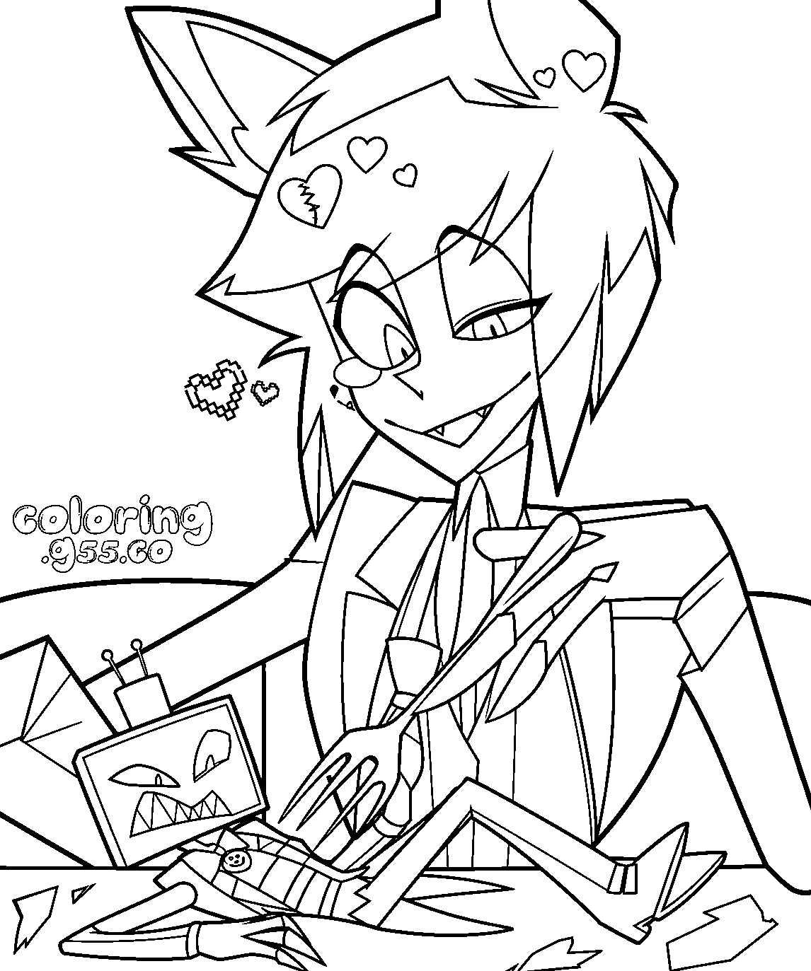 alastor holding fork tiny vox dinner scene hazbin hotel line art for kids
