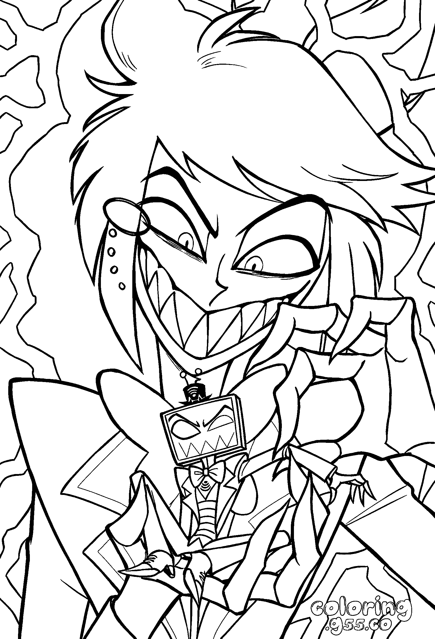 alastor holding little vox electric lightning background hazbin hotel line art for kids