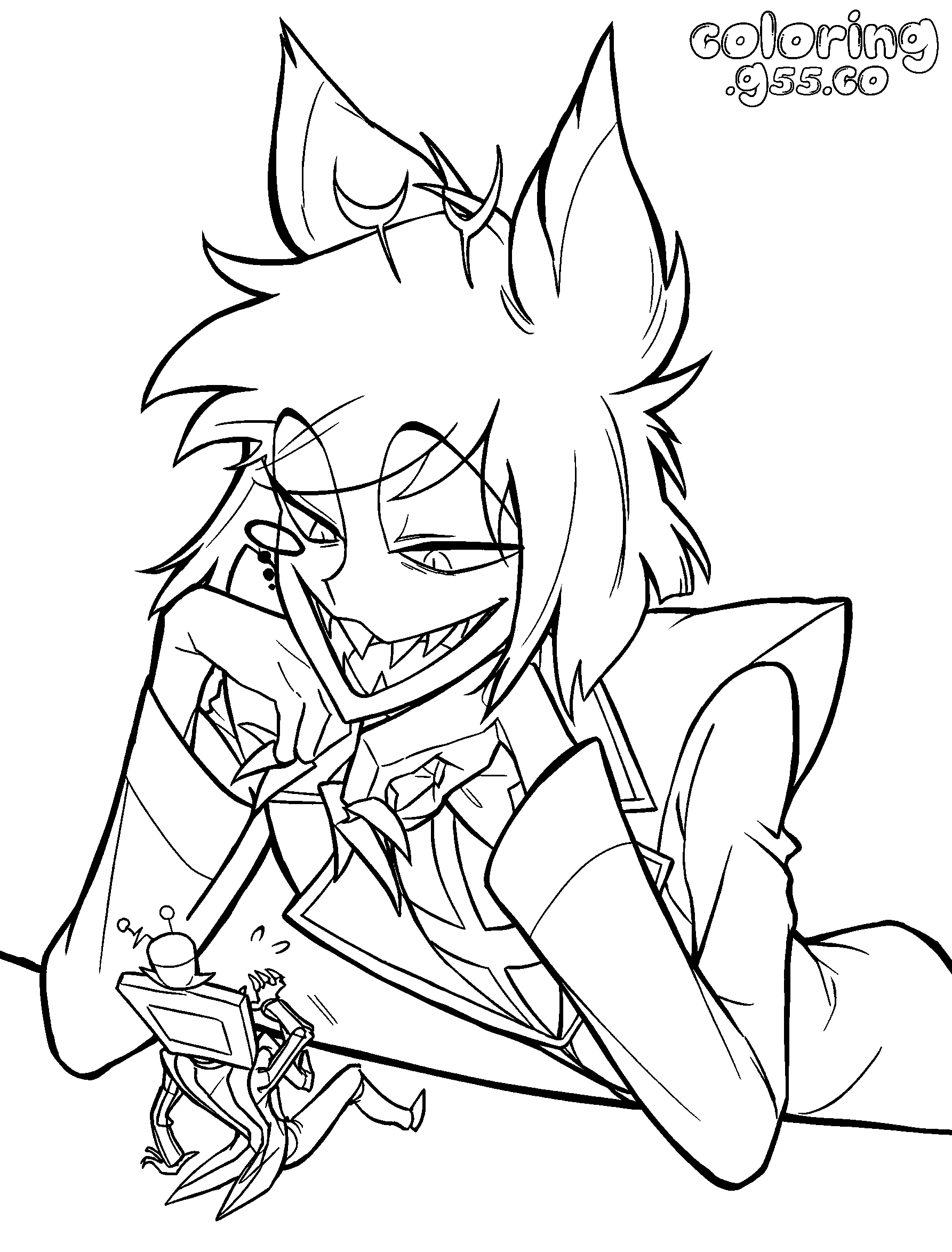 alastor smirking at tiny vox desk scene hazbin hotel line art for kids