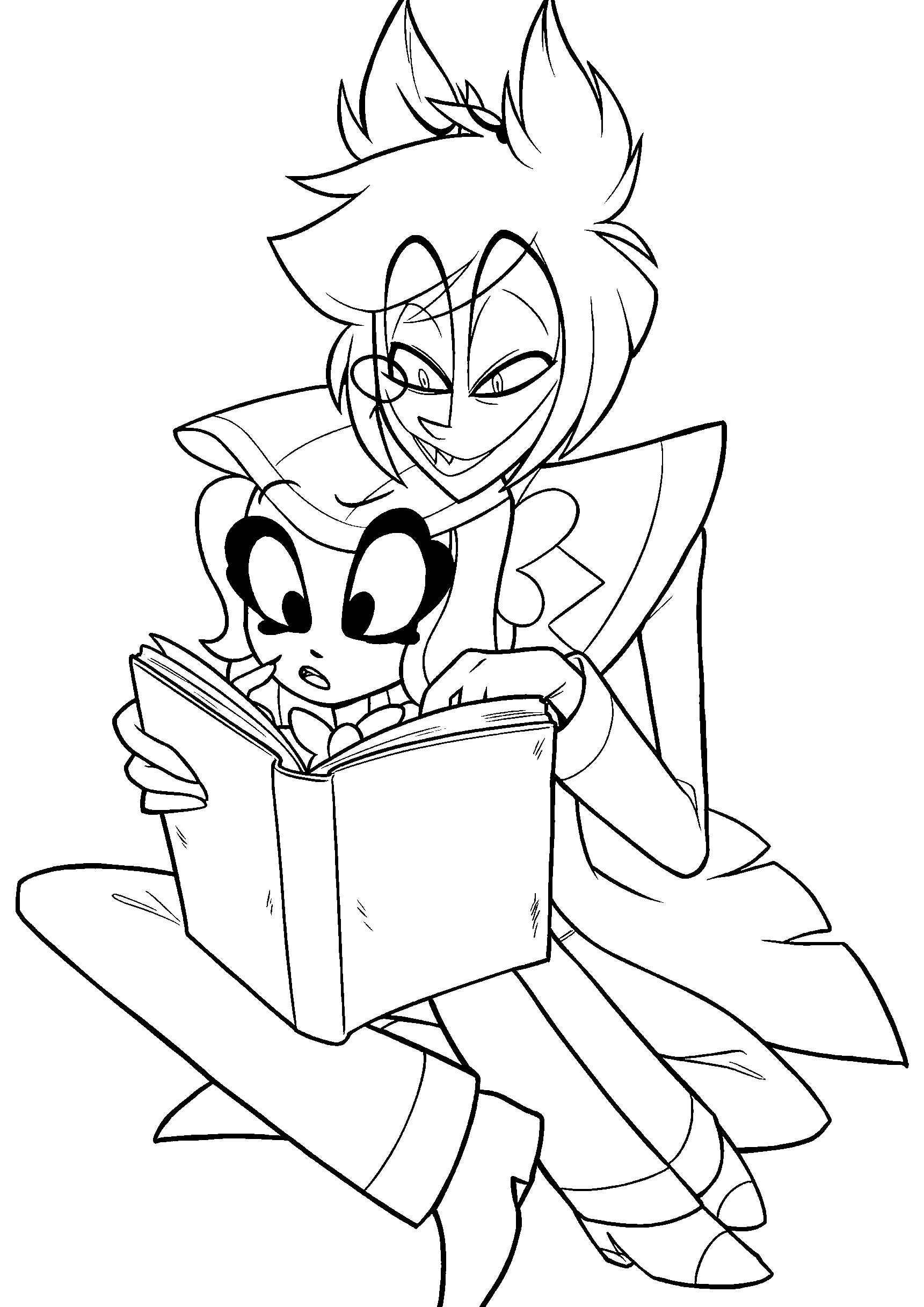 charlie and alastor reading book hazbin hotel line art for kids