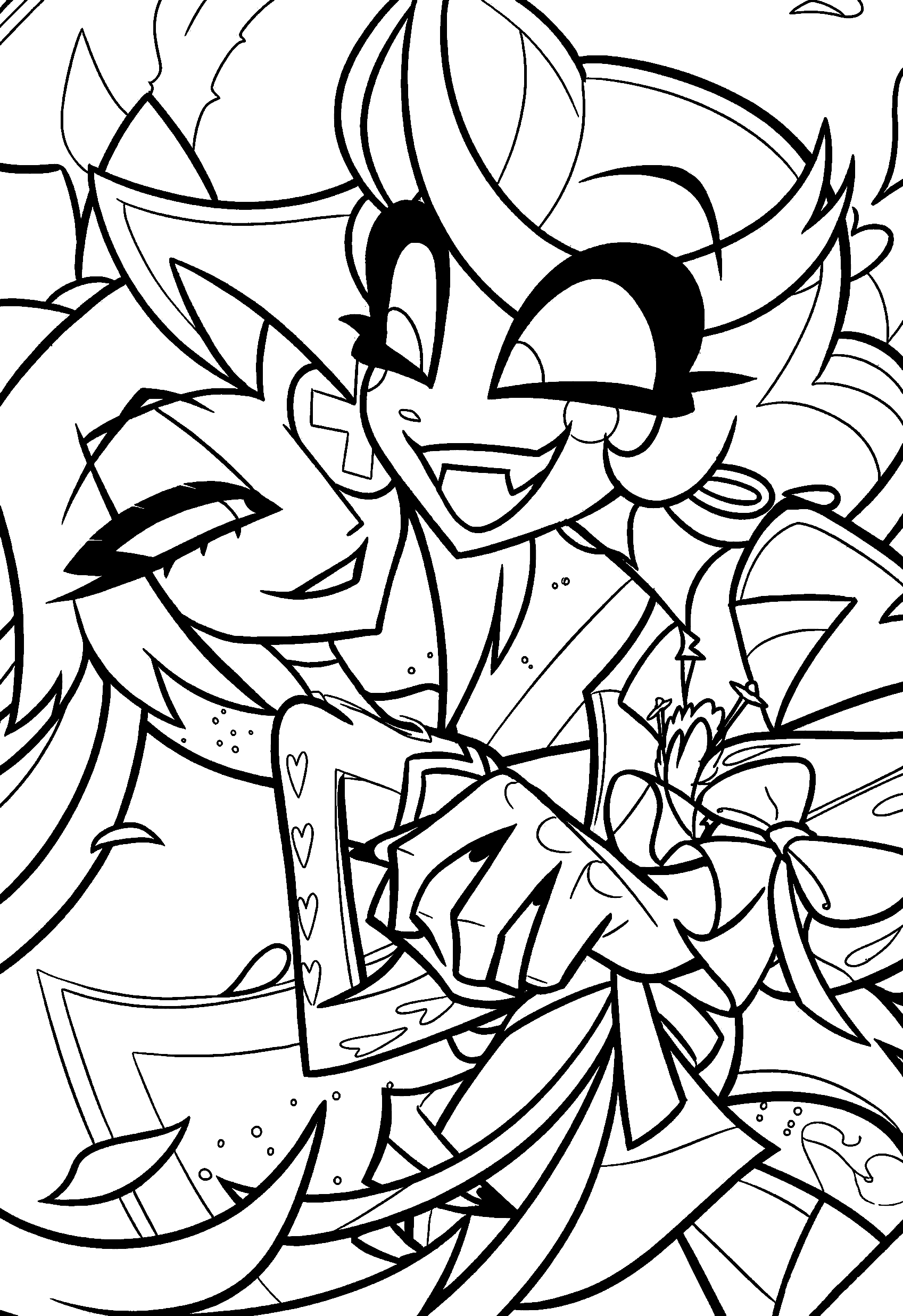 charlie and vaggie holding hands hazbin hotel line art for kids