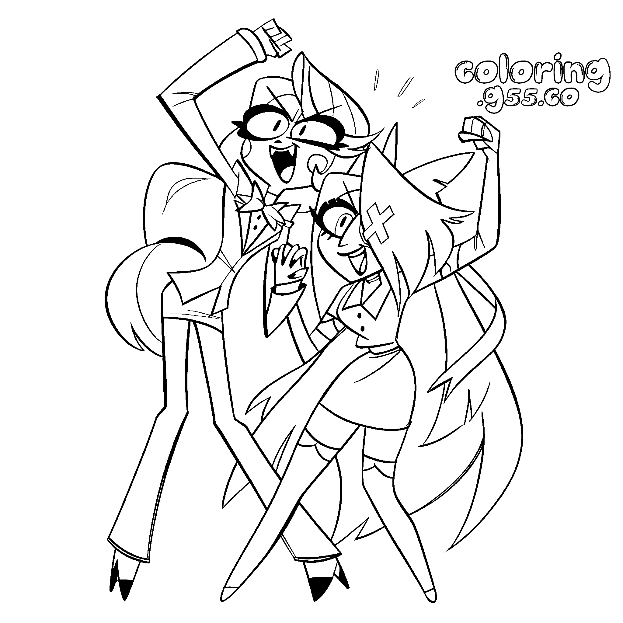 charlie morningstar and vaggie dancing together hazbin hotel line art for kids