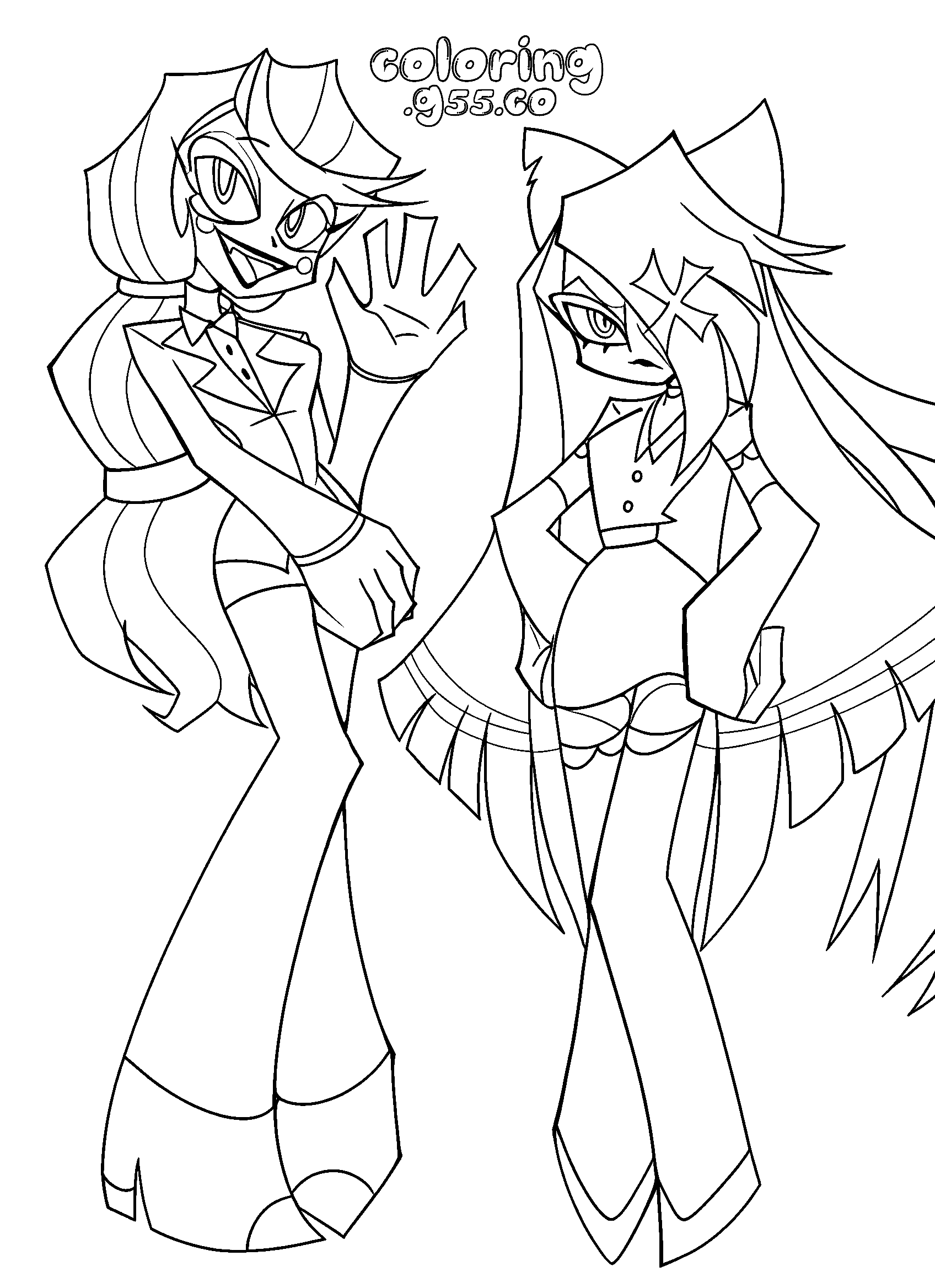 charlie morningstar waving and winged vaggie standing together hazbin hotel line art for kids