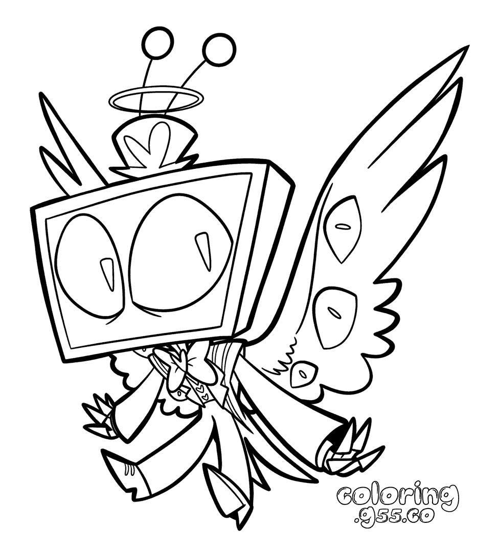 chibi angel vox flying with wings hazbin hotel line art for kids