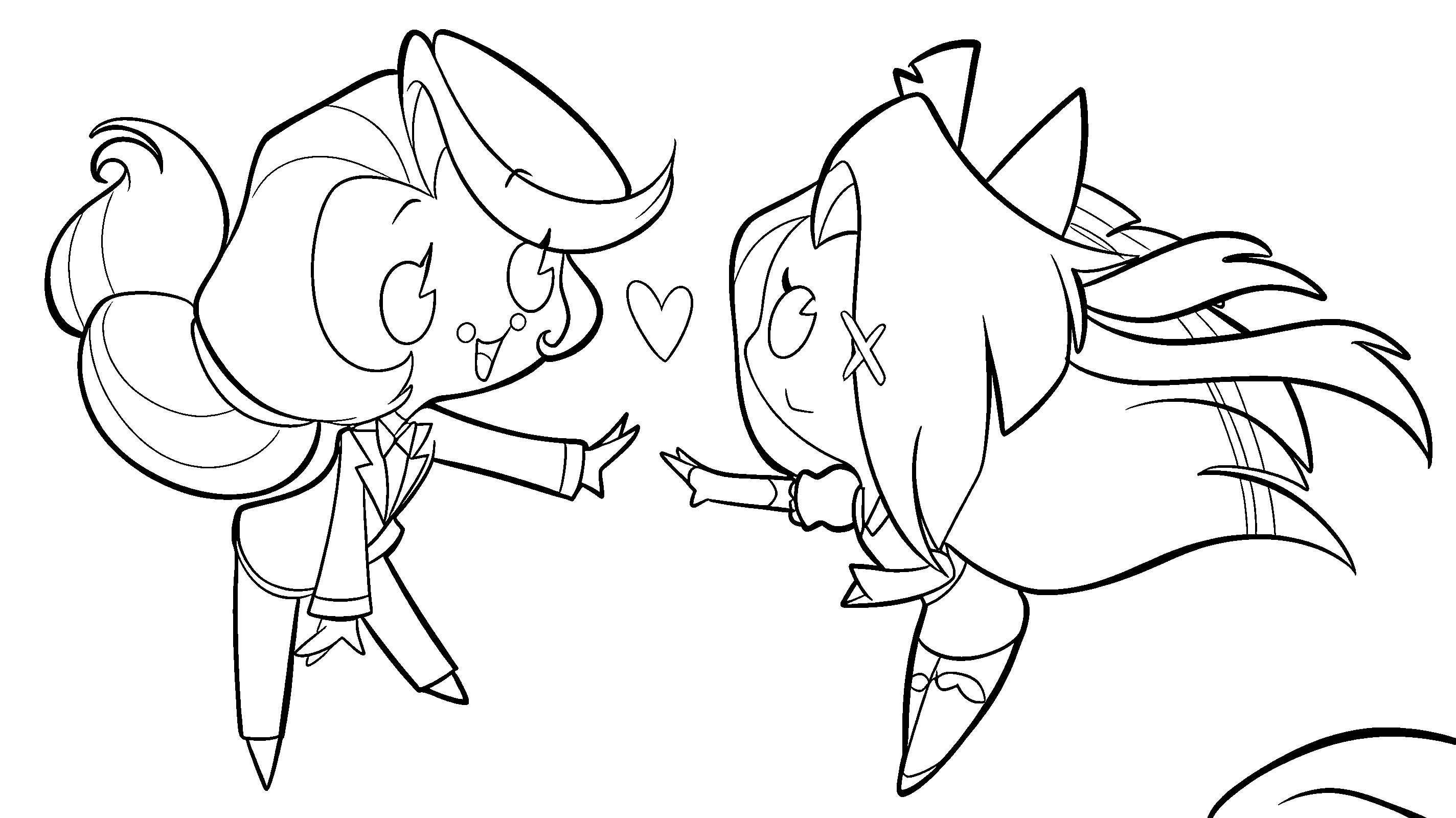 chibi charlie and vaggie reaching hands love heart hazbin hotel line art for kids