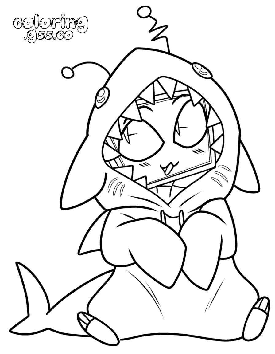chibi vox wearing shark onesie pajamas hazbin hotel line art for kids