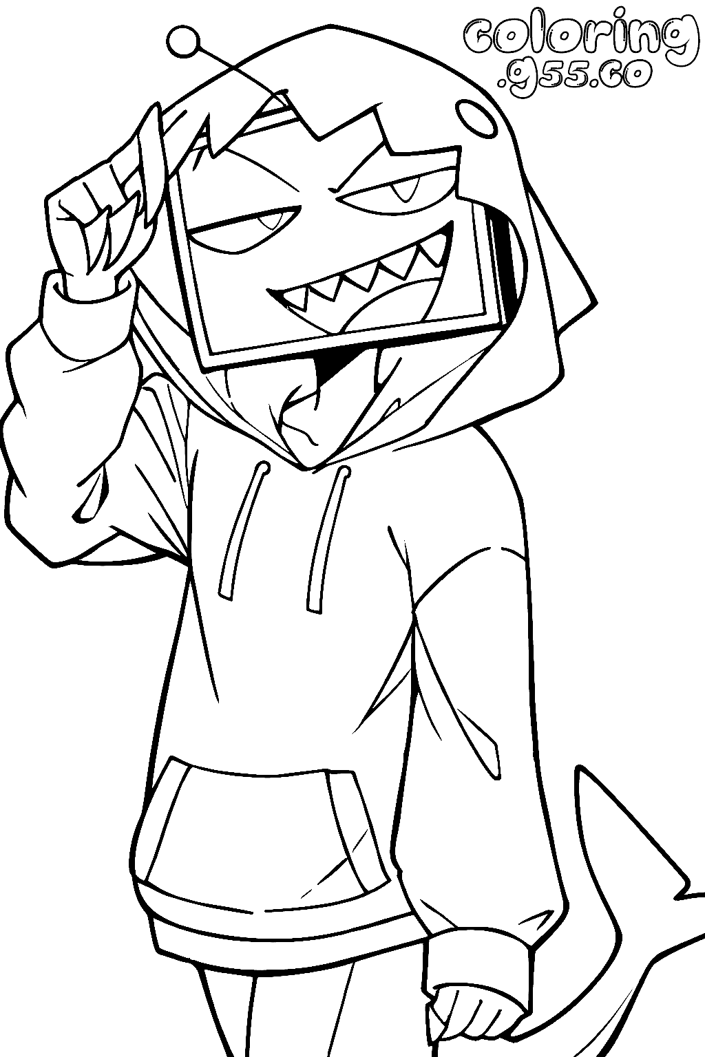 cool vox tv demon wearing shark hoodie hazbin hotel line art for kids