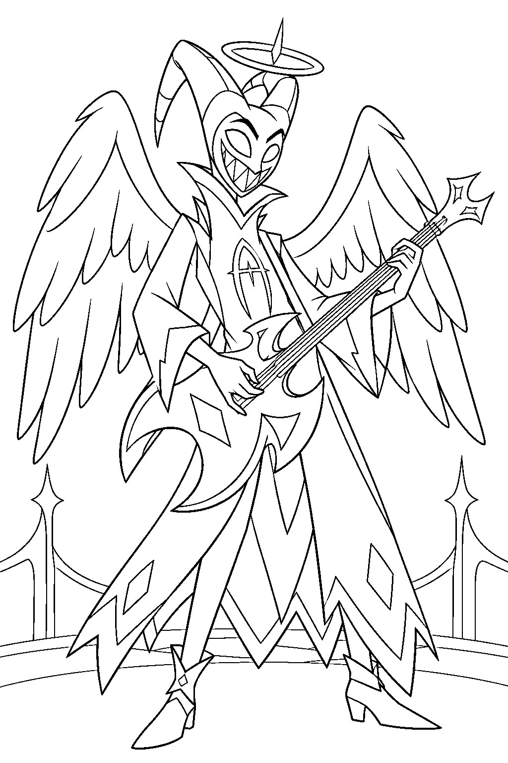 hazbin hotel adam playing his guitar axe with his angel wings spread line art