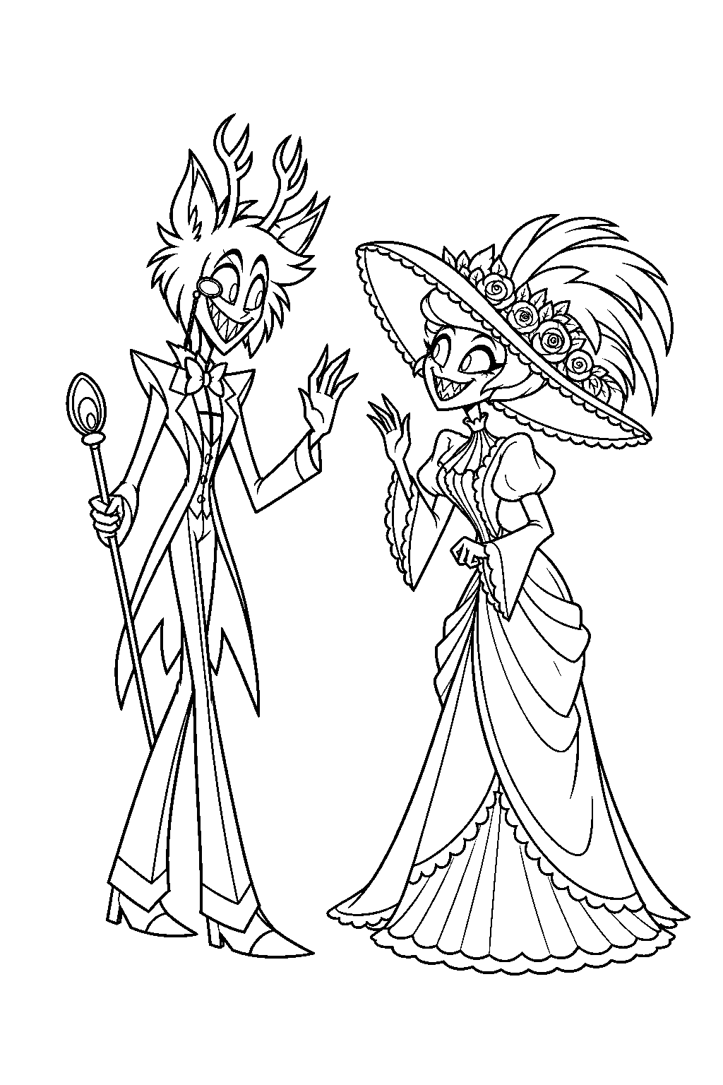hazbin hotel alastor and rosie greeting each other outside rosie s emporium line art