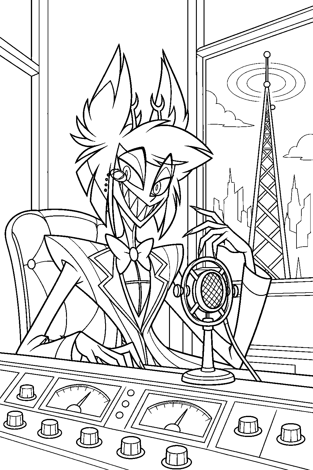 hazbin hotel alastor broadcasting from the hotel radio tower line art