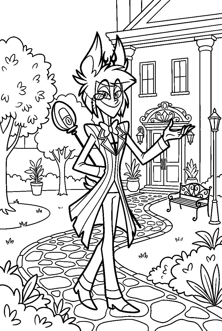 hazbin hotel alastor exploring in hotel courtyard line art