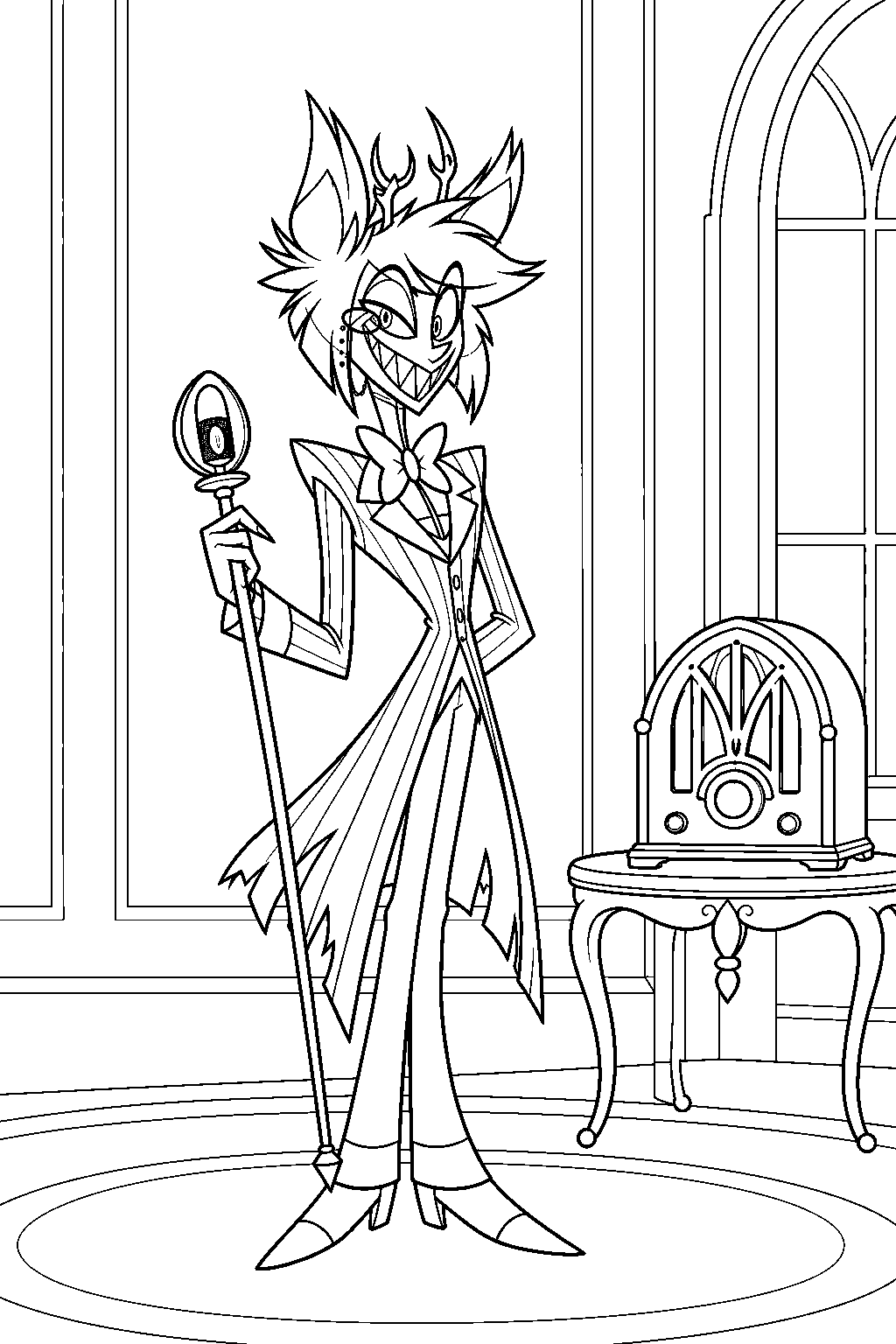hazbin hotel alastor holding his microphone cane beside a vintage radio line art