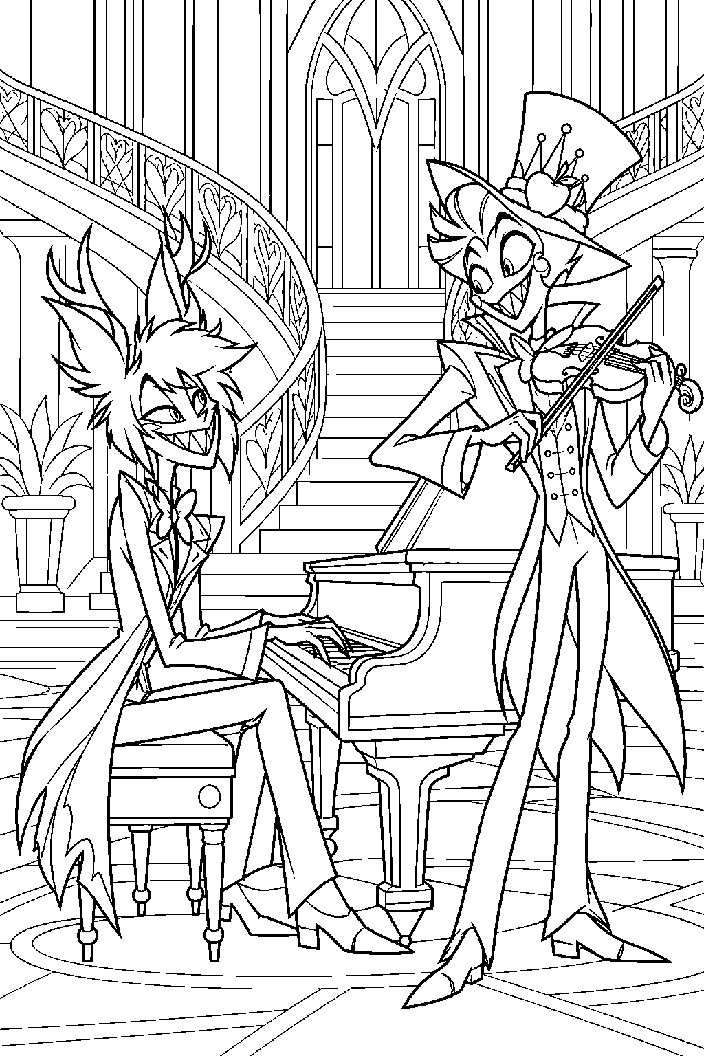 hazbin hotel alastor playing piano while lucifer plays his fiddle in the hotel lobby line art