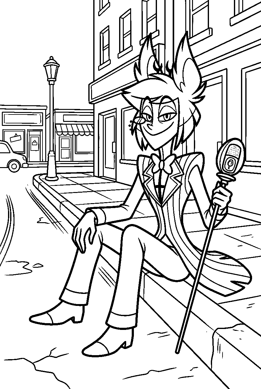 hazbin hotel alastor sitting in city street line art