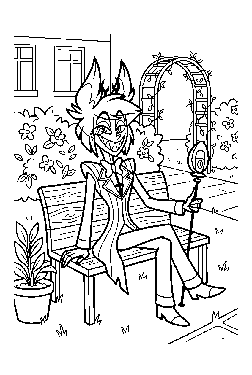 hazbin hotel alastor sitting in hotel garden line art