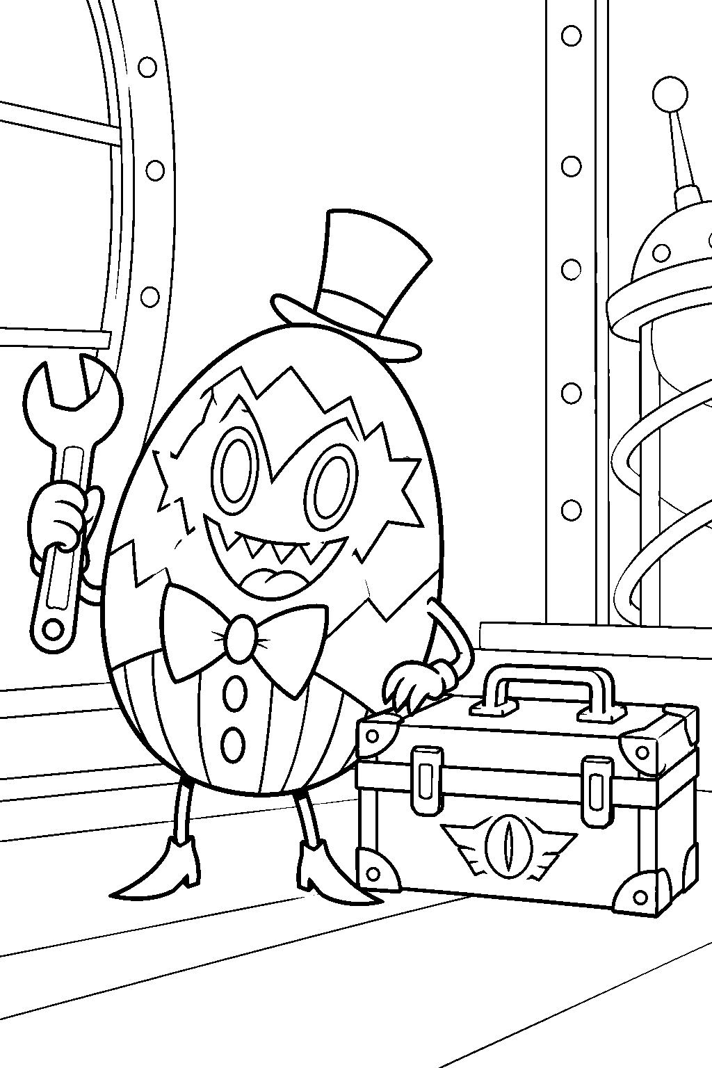 hazbin hotel an egg boi carrying a wrench beside sir pentious s toolbox line art