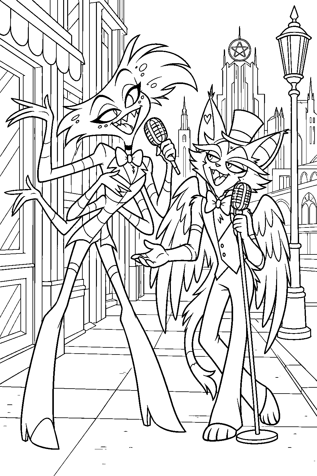 hazbin hotel angel dust and husk singing together on a pentagram city sidewalk line art