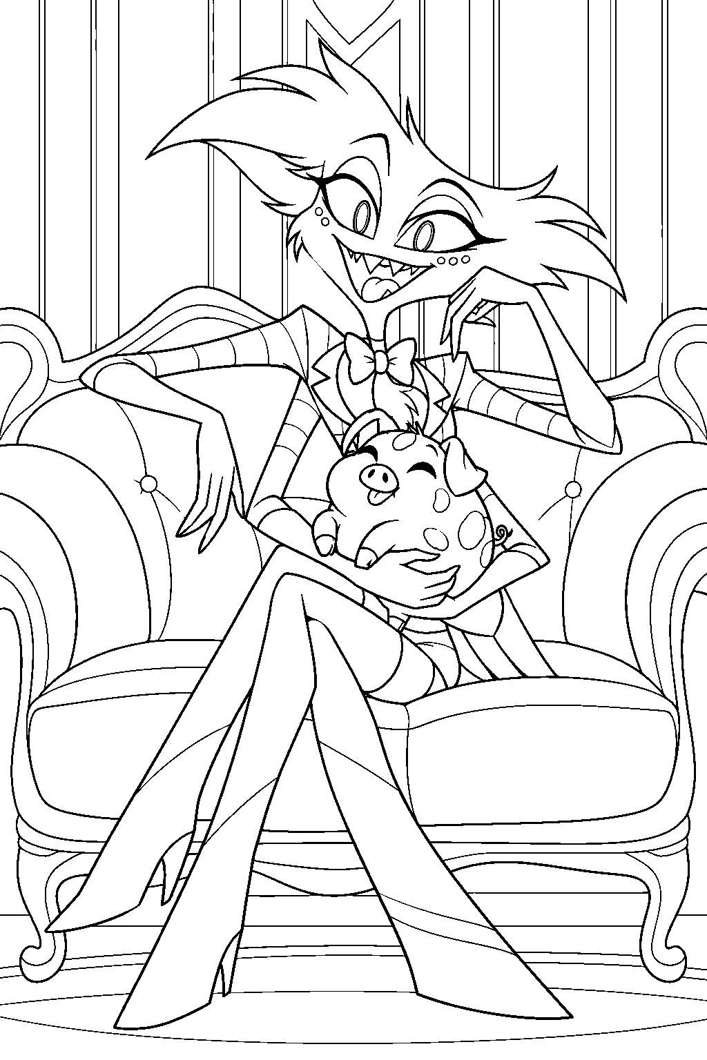 hazbin hotel angel dust cuddling fat nuggets on the hotel sofa line art