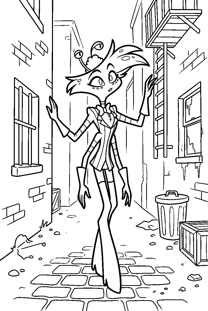 hazbin hotel angel dust exploring in dark alley line art