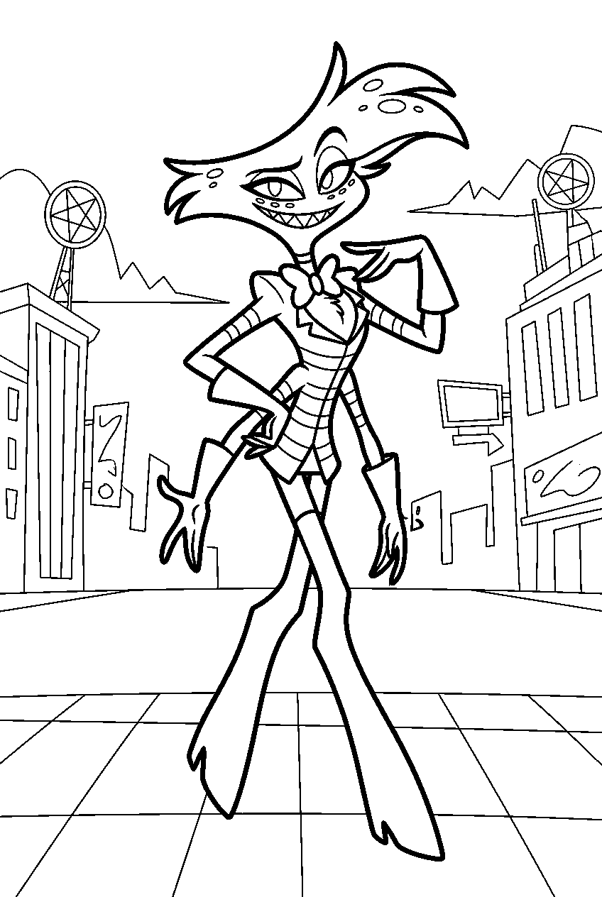 hazbin hotel angel dust posing in pentagram city line art