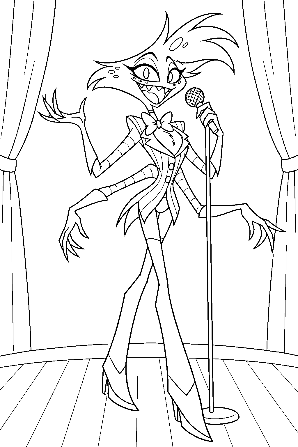 hazbin hotel angel dust singing onstage in his striped suit line art