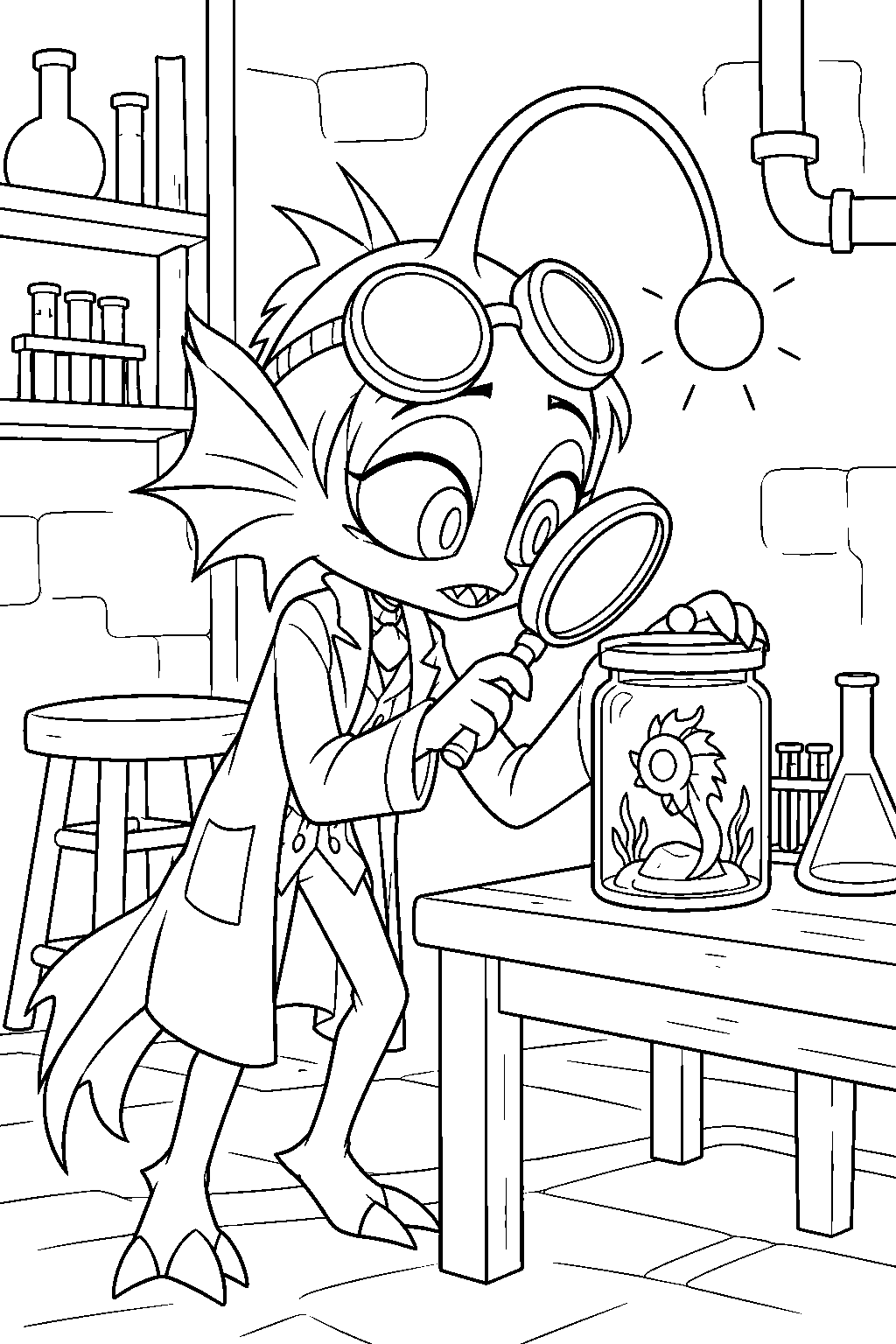 hazbin hotel baxter examining a specimen in his basement laboratory line art